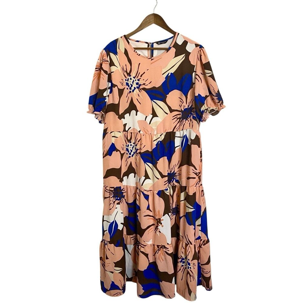 Pretty Garden Midi Dress Womens XL Short Sleeve Floral Brown Blue Orange Cream